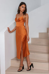 Wishful Thinking Satin Midi Dress Bronze
