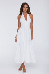 Petal Whimsy Embroidered Halter Maxi Dress White