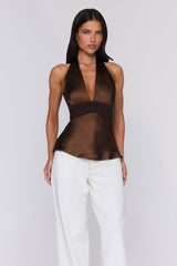Too Styled Halter Satin Top Brown