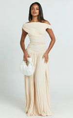 Yvonne Maxi Dress - Pleat Skirt Tip Shoulder Ruched Dress in Off White