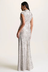 Cecy | Silver Sequin High-Neck Maxi Dress With Cap Sleeves
