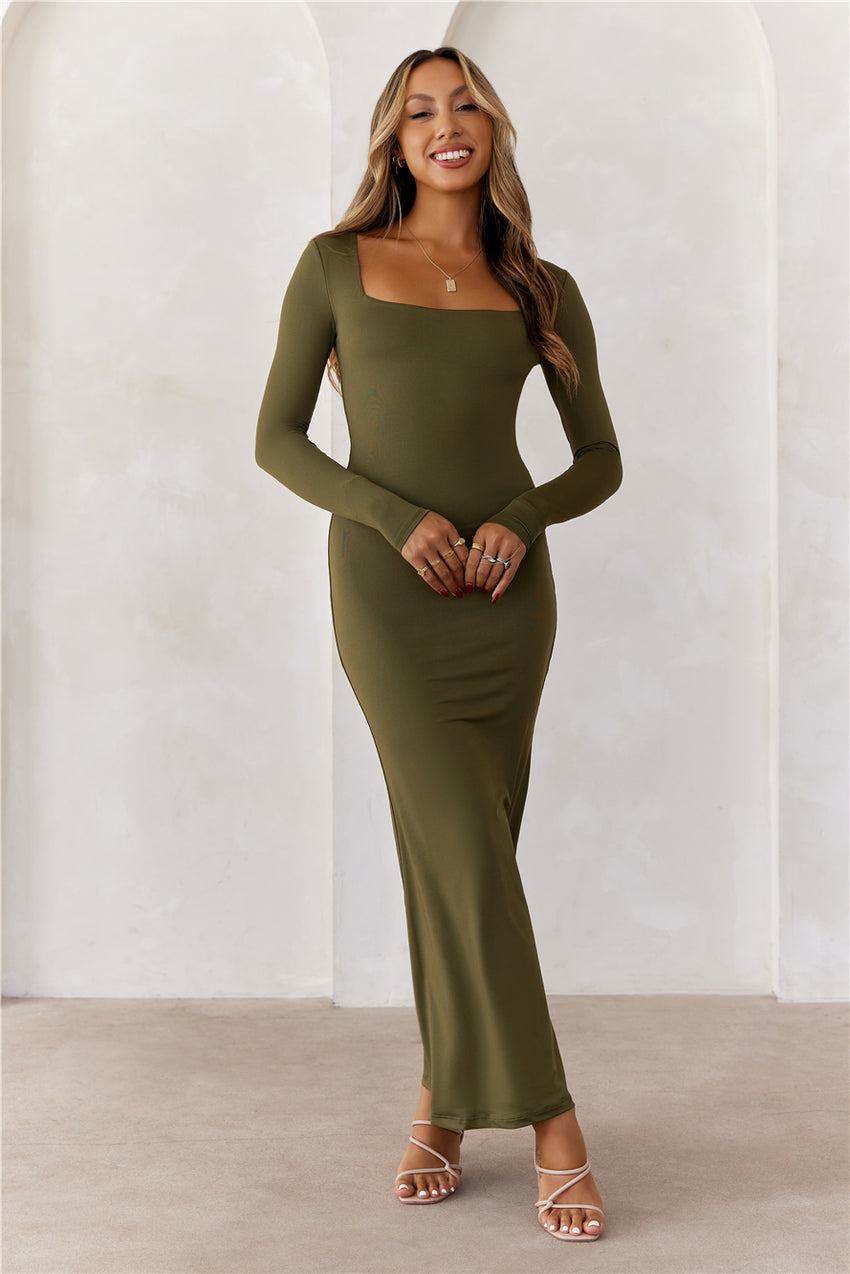BASE  Embrace Shape Long Sleeve Maxi Dress Army