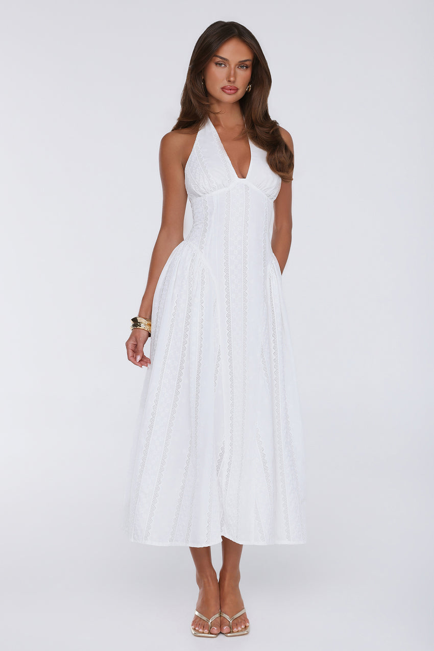 Petal Whimsy Embroidered Halter Maxi Dress White