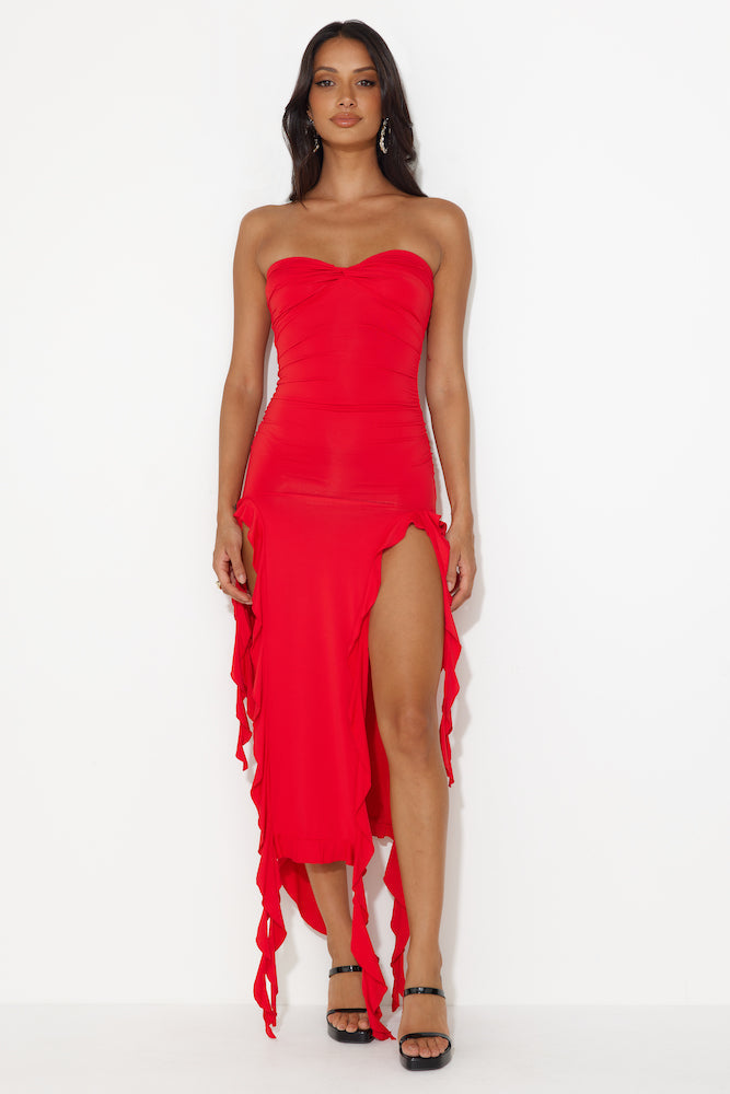 All The Frills Strapless Midi Dress Red