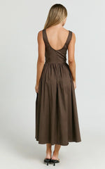 Beckett Midi Dress Scoop Neck Drop V Waist Gathered Skirt Dress in Dark Chocolate