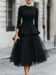 Structured Peplum Top and Layered Midi Skirt Set