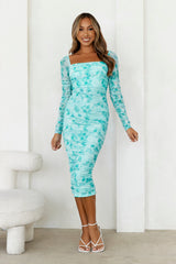 Flicking Pics Long Sleeve Mesh Midi Dress Green