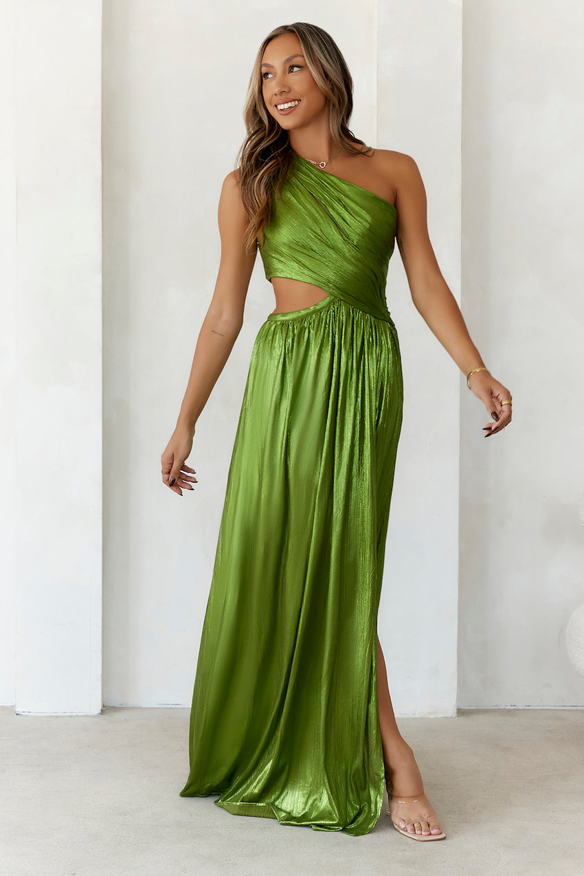 Iridescent Shimmer One Shoulder Maxi Dress Moss