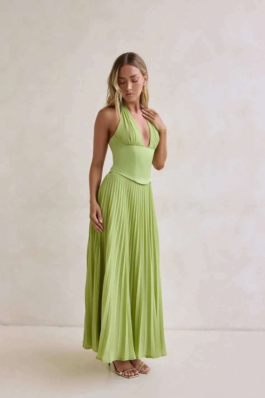 Paradise Falls Plisse Halter Maxi Dress Lime Green
