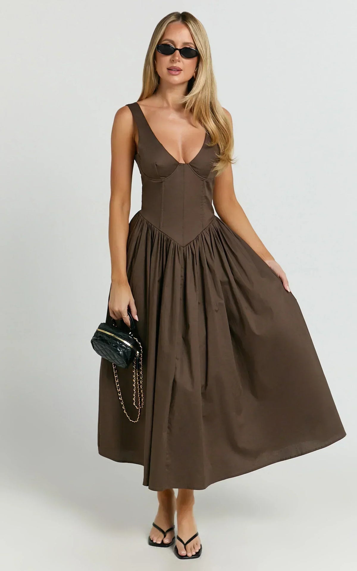 Beckett Midi Dress Scoop Neck Drop V Waist Gathered Skirt Dress in Dark Chocolate
